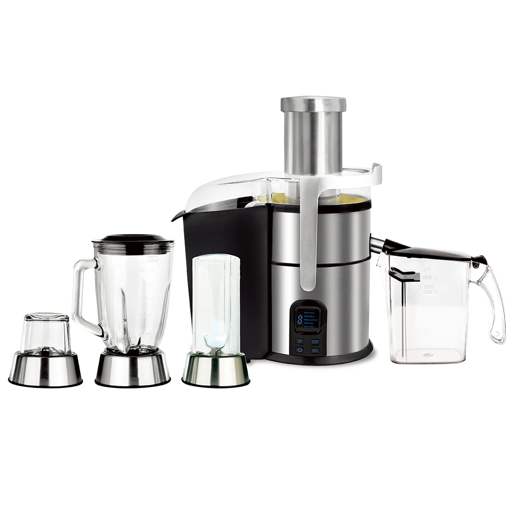 آبمیوه‌گیری چهارکاره روسو مدل Juicy Juicer با موتور 800 وات و بدنه استیل – همراه با مخلوط‌کن، خردکن و شیکر